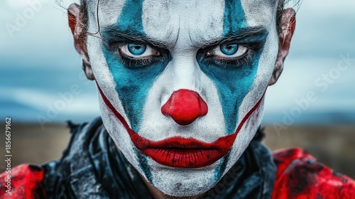 A close-up of a menacing clown with intense blue eyes, red nose, and unsettling makeup, creating a chilling and mysterious atmosphere.