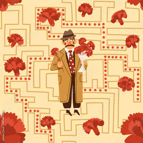 A mustachioed man in a hat holding a bouquet of red flowers. Labyrinth vector pattern and carnations. Floral geometric print.