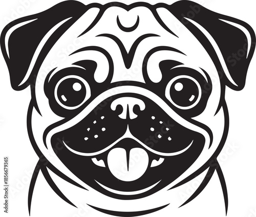 Cute Pug Dog Face Vector Illustration, Funny Puppy Cartoon Head Black and White Line Art