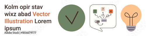 Problem-solving, communication, brainstorming, decision-making, creativity, innovative designs. Check mark, tangled cables with question and exclamation marks lightbulb. Problem-solving