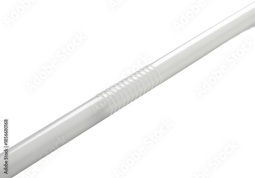 Extreme macro of a translucent white disposable plastic straw, ribbed bendy neck in sharp focus, on a transparent background, concept of plastic pollution and modern waste