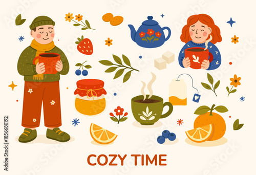 Tea time set with man and woman, teapot, cups, pastries, jam, honey, milk and fruits. Cozy atmosphere. For cafe menus, bakery posters, family events, stickers, web banners.