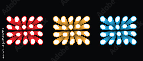Three 3D glowing tube arrays in red, gold, and blue on black. Abstract perspective cylinders with vibrant gradients, perfect for tech backgrounds, futuristic concepts, and modern digital art.