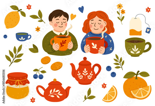Tea time set with man and woman drinking tea, teapot, cups, pastries, honey, jam and citrus fruits. For cafe menus, bakery posters, couples events, stickers, web banners.
