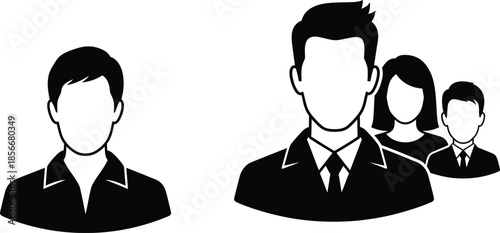 Simple black and white illustration of four faceless business people in a row