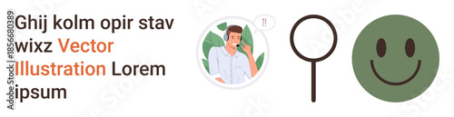 Problem-solving, user experience, positivity, mental health, decision-making, research. Man in thought, magnifying glass green happy face. Problem-solving and positivity concept