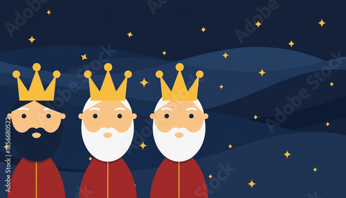 Ilustración vectorial plana de los tres Reyes Magos sonrientes bajo un cielo estrellado. Diseño moderno, minimalista y colorido con personajes simpáticos y coronas.