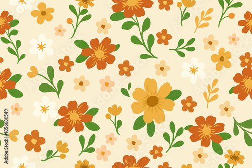 A warm seamless floral pattern with orange and yellow flowers, soft green leaves, and a cream background, creating a cozy, cheerful botanical design.
