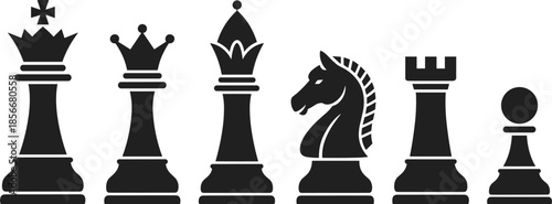 Black Silhouette Chess Pieces King Queen Bishop Knight Rook Pawn Set vector illustration