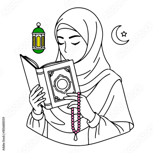Muslim Girl Reading Quran tasbeeh in her hand moon and lantern– Islamic Education Line Art Illustration, Coloring Book Style Editable Vector Design