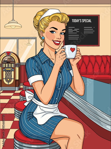 Pop art pin up girl drinking coffee at retro diner counter, modern vector illustration with bold lines and solid colors, ideal for lifestyle and vintage designs