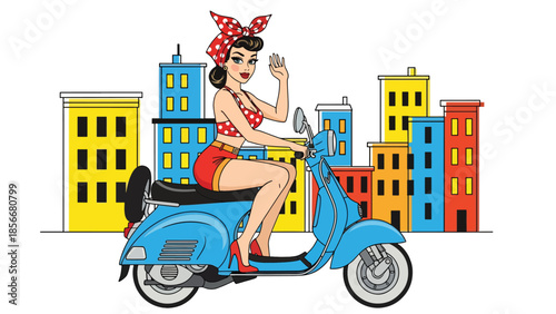 Pop art pin up girl riding classic scooter on city street, modern vector illustration with solid colors, ideal for urban lifestyle and retro posters