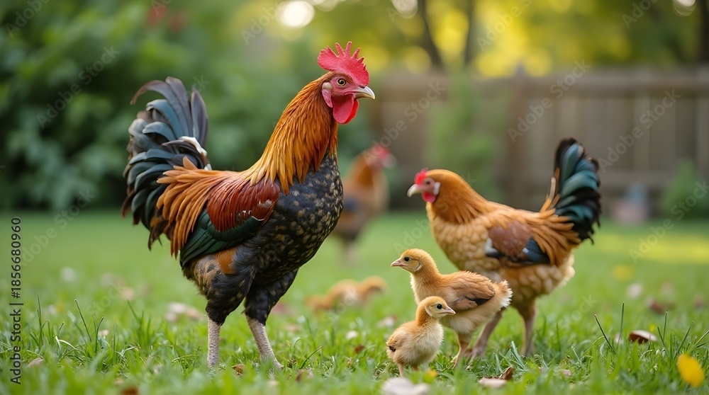 Fototapeta premium a group of chickens in a grassy outdoor environment