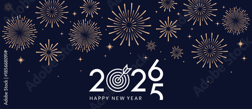 Festive Happy New Year 2026 background with golden fireworks and elegant white 2026 typography on a dark blue night sky, ideal for greeting cards, banners, invitations and holiday marketing designs.