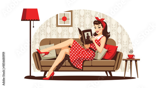 Pop art pin up girl reading magazine on sofa in vintage living room, modern vector illustration, solid colors, ideal for retro lifestyle content