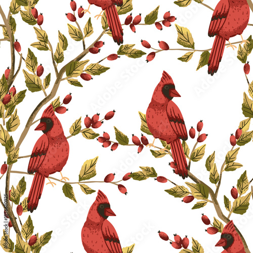 Seamless pattern with rosehip berry and  red cardinal bird. Background for plaid