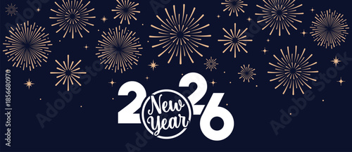 Festive Happy New Year 2026 background with golden fireworks and elegant white 2026 typography on a dark blue night sky, ideal for greeting cards, banners, invitations and holiday marketing designs.