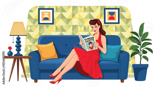 Pop art pin up girl reading magazine on sofa in vintage living room, modern vector illustration, solid colors, ideal for retro lifestyle content