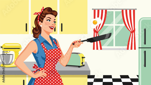 Pop art pin up girl cooking in retro kitchen with frying pan, modern vector illustration in solid colors, ideal for food and lifestyle designs