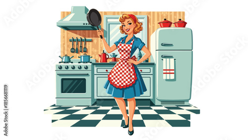 Pop art pin up girl cooking in retro kitchen with frying pan, modern vector illustration in solid colors, ideal for food and lifestyle designs
