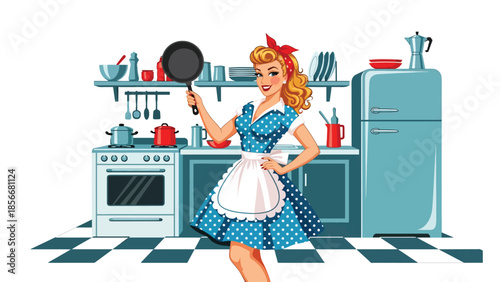 Pop art pin up girl cooking in retro kitchen with frying pan, modern vector illustration in solid colors, ideal for food and lifestyle designs