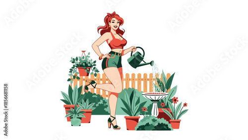 Pop art pin up girl watering plants in garden, cheerful modern vector illustration with solid colors, ideal for lifestyle and outdoor designs