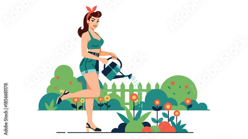 Pop art pin up girl watering plants in garden, cheerful modern vector illustration with solid colors, ideal for lifestyle and outdoor designs