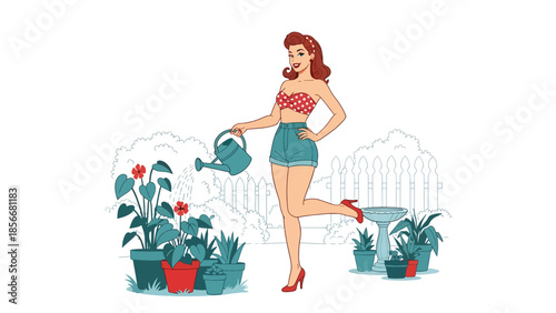 Pop art pin up girl watering plants in garden, cheerful modern vector illustration with solid colors, ideal for lifestyle and outdoor designs
