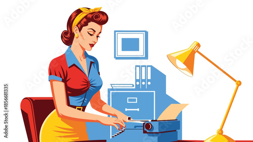 Pop art pin up girl working with typewriter in retro office, modern vector illustration with solid colors, ideal for business vintage themes