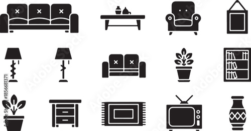 Modern home furniture and decor icons in black