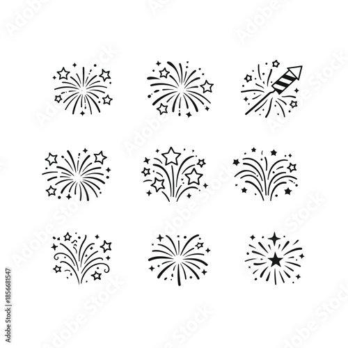 Fireworks Black and White Modern Line Art Vector Icons for Celebration Banners