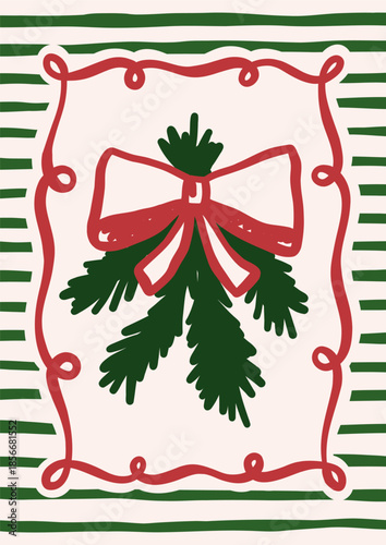 Whimsical Christmas vector card. Vintage retro holidays print design with tree brunches illustration in coquette frame on striped background