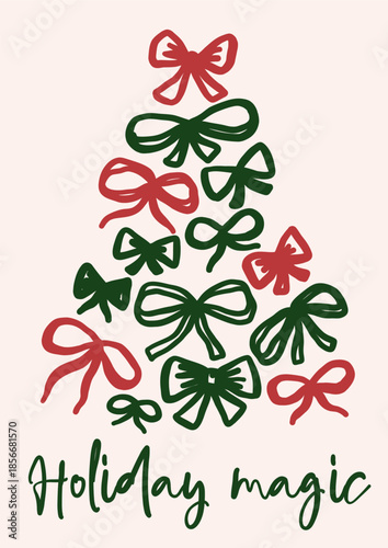Whimsical Christmas vector card. Vintage retro holidays print design with bows Christmas tree coquette illustration
