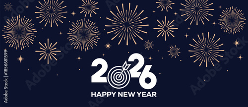 Festive Happy New Year 2026 background with golden fireworks and elegant white 2026 typography on a dark blue night sky, ideal for greeting cards, banners, invitations and holiday marketing designs.