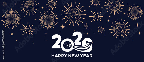 Festive Happy New Year 2026 background with golden fireworks and elegant white 2026 typography on a dark blue night sky, ideal for greeting cards, banners, invitations and holiday marketing designs.