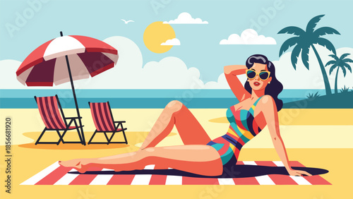 Pop art pin up girl lounging on beach towel with sunglasses, modern vector illustration in solid colors, ideal for summer and travel designs