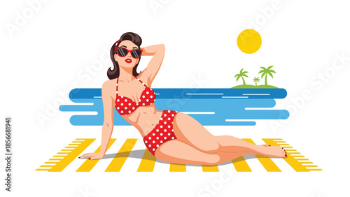 Pop art pin up girl lounging on beach towel with sunglasses, modern vector illustration in solid colors, ideal for summer and travel designs