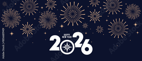 Festive Happy New Year 2026 background with golden fireworks and elegant white 2026 typography on a dark blue night sky, ideal for greeting cards, banners, invitations and holiday marketing designs.