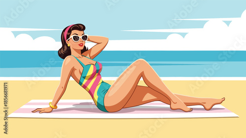 Pop art pin up girl lounging on beach towel with sunglasses, modern vector illustration in solid colors, ideal for summer and travel designs