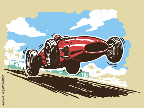 Vintage Red Racing Car Jumping Vector. High-Speed Grand Prix Race on a Tropical Track. Retro Comic Book Style Illustration.
