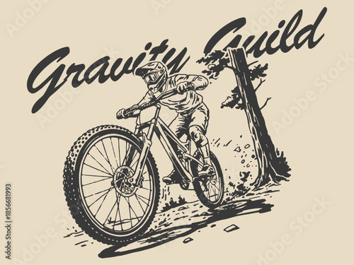 Vintage Downhill Mountain Bike Rider Illustration Logo with Gravity Guild Text | Hand-Drawn Extreme Sport Cycling Emblem.