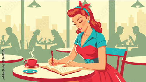 Pop art pin up girl writing in notebook at café table, modern vector illustration with solid colors, ideal for creative lifestyle content