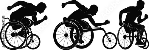 Silhouettes of athletes in racing wheelchairs in dynamic action poses sport