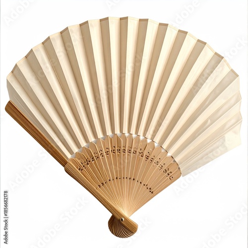 A light beige hand fan, made of paper and bamboo.  The fan is open, displaying radiating paper panels.  Wooden ribs support the paper.  Simple design
