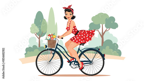 Pop art pin up girl riding bicycle in park, playful modern vector illustration with solid colors, ideal for outdoor and fitness designs