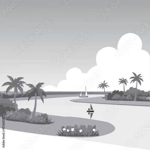Depicting A Tranquil, Tropical Beach Or River Scene In Black And White