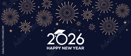 Festive Happy New Year 2026 background with golden fireworks and elegant white 2026 typography on a dark blue night sky, ideal for greeting cards, banners, invitations and holiday marketing designs.