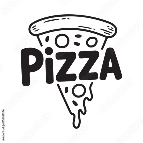 A simple black and white illustration of a pizza slice with text