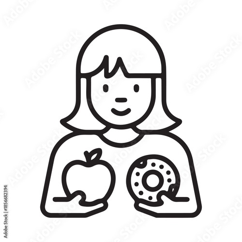 A simple line drawing of a girl holding an apple and a donut
