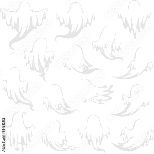 Set of white spooky ghost silhouettes in flowing tattered shapes for ethereal Halloween background designs and creepy supernatural themed party graphics